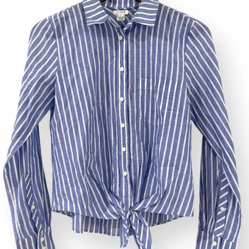 J. Crew Blue and White Striped Tie-Front Shirt
